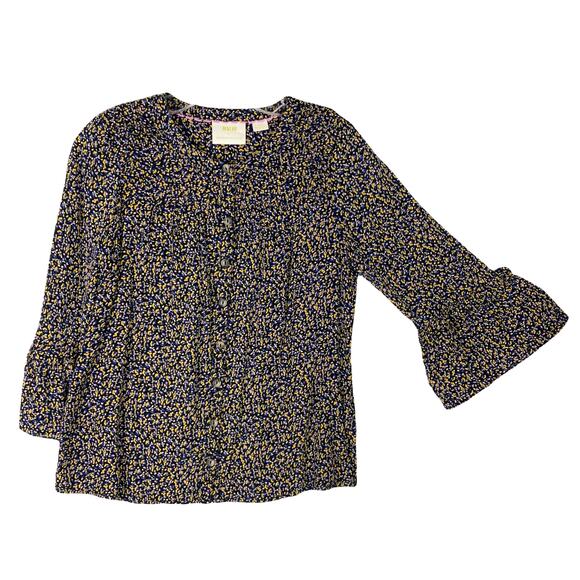 NWOT MAEVE ANTHROPOLOGIE Top XS Blue Yellow Abstract Pleated Button-Up 3/4-Sleev - Picture 1 of 12